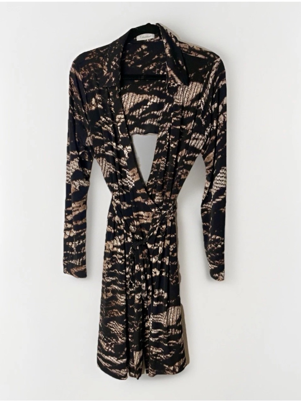 Calvin‎ Klein Animal Print Belted Faux Wrap Jersey Knit Long Sleeve Midi Dress